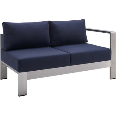 Shore Sunbrella Fabric Aluminum Outdoor Patio Right-Arm Loveseat EEI-4222-SLV-NAV