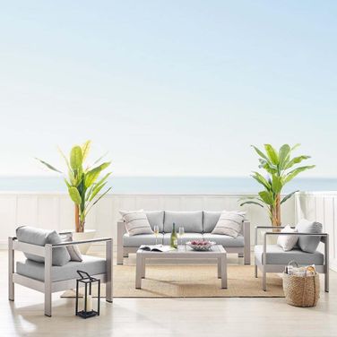 Shore Sunbrella Fabric Outdoor Patio Aluminum 4 Piece Set EEI-4316-SLV-GRY-SET