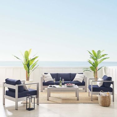 Shore 4-Piece Sunbrella Fabric Outdoor Patio Aluminum Set In Silver Navy