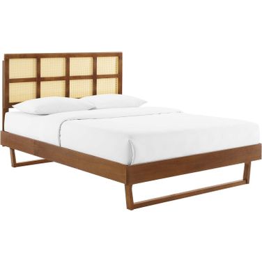 Sidney Cane and Wood King Platform Bed With Angular Legs In Walnut