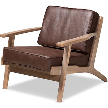 Sigrid Mid-Century Modern Dark Brown Faux Leather Effect Fabric Upholstered Antique Oak Finished Wood Armchair