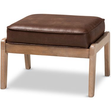 Sigrid Mid-Century Modern Dark Brown Faux Leather Effect Fabric Upholstered Antique Oak Finished Wood Ottoman