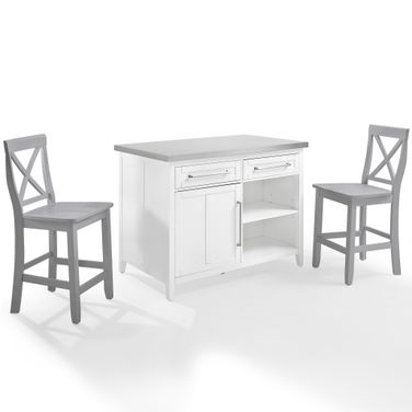 Silvia Stainless Steel Top Kitchen Island W/X-Back Stools In White and Gray