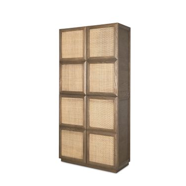Sina Oak Wood with Natural Rattan 2 Door Curio Cabinet In Gray Brown