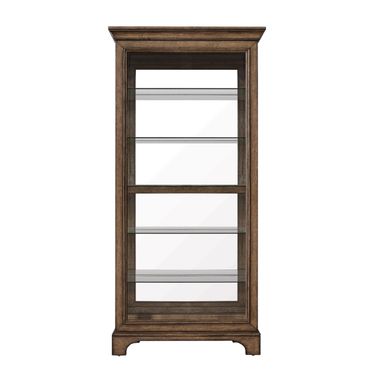 Sliding Door Curio with Glass Shelves and LED Light In Brown