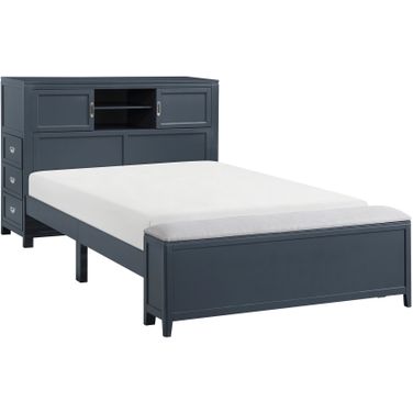 Sloane Full Bookcase Platform Bed with Hidden Desk, Stool and Storage Bench In Blue