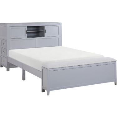 Sloane Full Bookcase Platform Bed with Hidden Desk, Stool and Storage Bench In Gray