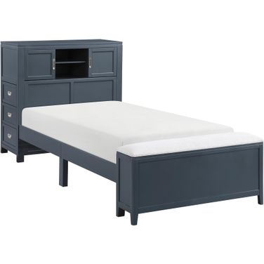 Sloane Twin Bookcase Platform Bed with Hidden Desk, Stool and Storage Bench In Blue
