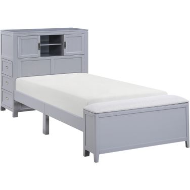 Sloane Twin Bookcase Platform Bed with Hidden Desk, Stool and Storage Bench In Gray