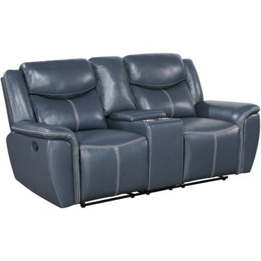 Sloane Upholstered Motion Reclining Loveseat with Console Blue
