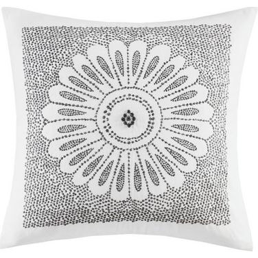 Sofia Cotton Percale Embroidered Decorative Square Pillow In Grey