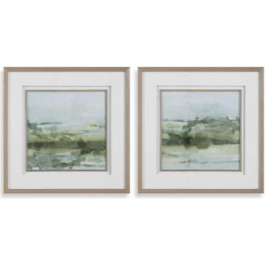 Soft Sage Abstract Landscape Prints Set of 2 In Green and White