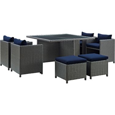 Sojourn Canvas Navy 9 Piece Outdoor Patio Sunbrella Dining Set EEI-1946-CHC-NAV-SET