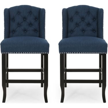 Solara Fabric Tufted Counter Stool with Nailhead Accents In Navy Blue - Set of 2