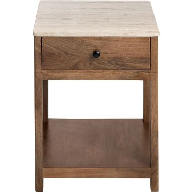 Solid Mango and Travertine 1 Drawer Accent/End Table In Cream and Brown