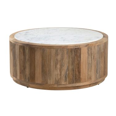 Solid Mango Round Cocktail Table with Marble Top In White and Brown