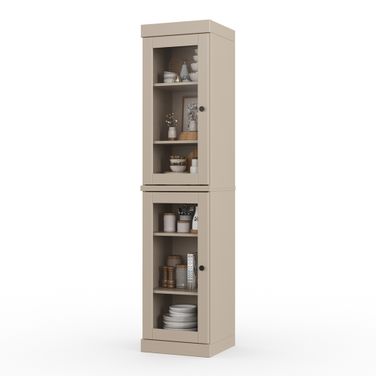 Solid Wood 16.5" Pantry Cabinet With Clear Glass Doors And Adjustable Shelves In Beige