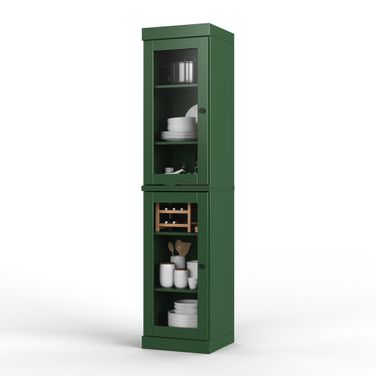 Solid Wood 16.5" Pantry Cabinet With Clear Glass Doors And Adjustable Shelves In Green