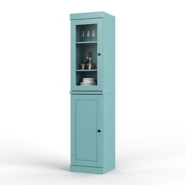 Solid Wood 16.5" Pantry Cabinet With Raised Panel And Clear Glass Doors In Aqua
