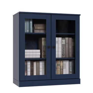 Solid Wood 3-Shelf Bookcase With Clear Glass Doors And Adjustable Shelves In Navy Blue