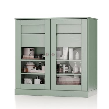 Solid Wood 32" Bathroom Storage Cabinet With Clear Glass Doors And 2-Drawers In Sage
