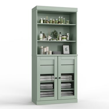 Solid Wood 32" Bathroom Storage Cabinet With Clear Glass Doors And 2-Drawers In Sage