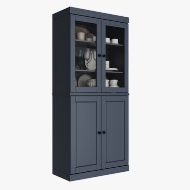 Solid Wood 32" Pantry Cabinet With Clear Glass Doors And 2-Drawers In Antique Blue