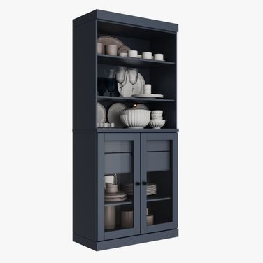 Solid Wood 32" Pantry Cabinet With Clear Glass Doors And 2-Drawers In Antique Blue