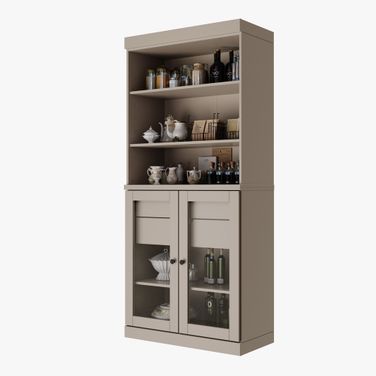 Solid Wood 32" Pantry Cabinet With Clear Glass Doors And 2-Drawers In Beige