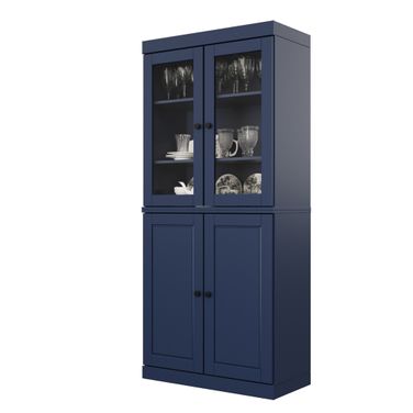 Solid Wood 32" Pantry Cabinet With Clear Glass Doors And 2-Drawers In Navy Blue
