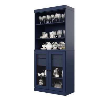 Solid Wood 32" Pantry Cabinet With Clear Glass Doors And 2-Drawers In Navy Blue