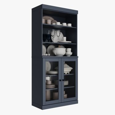 Solid Wood 32" Pantry Cabinet With Clear Glass Doors And Adjustable Shelves In Antique Blue