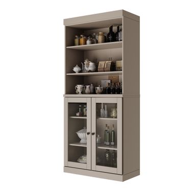 Solid Wood 32" Pantry Cabinet With Clear Glass Doors And Adjustable Shelves In Beige