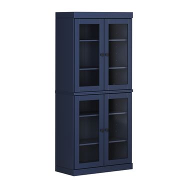 Solid Wood 32" Pantry Cabinet With Clear Glass Doors And Adjustable Shelves In Navy Blue