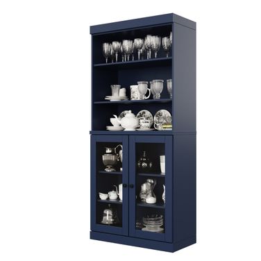 Solid Wood 32" Pantry Cabinet With Clear Glass Doors And Adjustable Shelves In Navy Blue