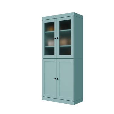 Solid Wood 32" Pantry Cabinet With Frosted Glass And Shaker Doors In Aqua