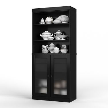Solid Wood 32" Pantry Cabinet With Frosted Glass Doors And 2-Drawers In Black