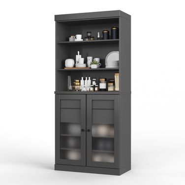 Solid Wood 32" Pantry Cabinet With Frosted Glass Doors And 2-Drawers In Gray