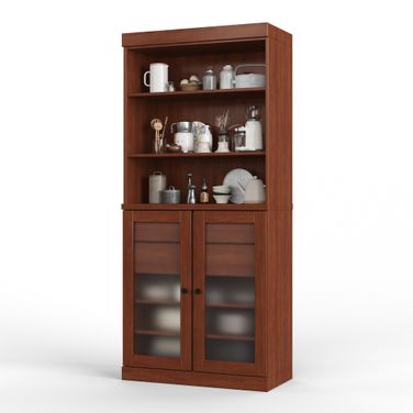 Solid Wood 32" Pantry Cabinet With Frosted Glass Doors And 2-Drawers In Mocha