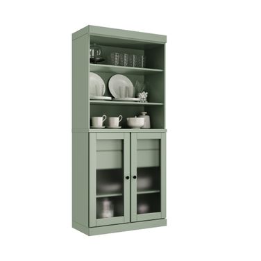 Solid Wood 32" Pantry Cabinet With Frosted Glass Doors And 2-Drawers In Sage
