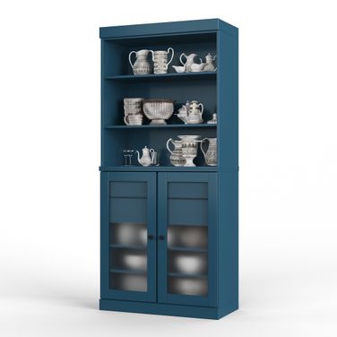 Solid Wood 32" Pantry Cabinet With Frosted Glass Doors And 2-Drawers In Teal Blue