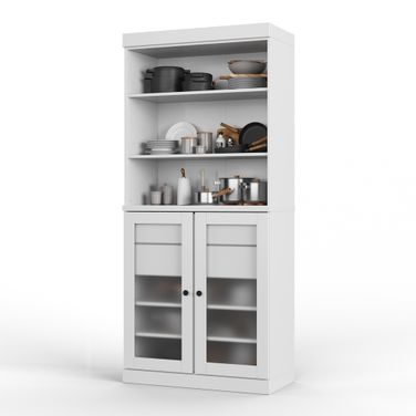 Solid Wood 32" Pantry Cabinet With Frosted Glass Doors And 2-Drawers In White