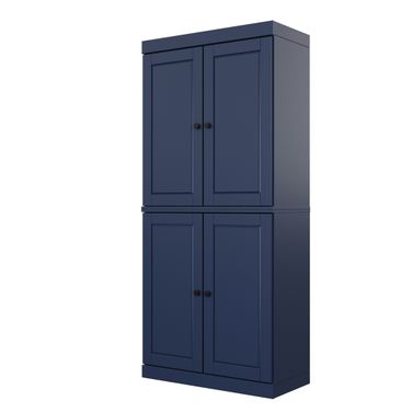 Solid Wood 32" Pantry Cabinet With Raised Panel Doors And Adjustable Shelves In Navy Blue