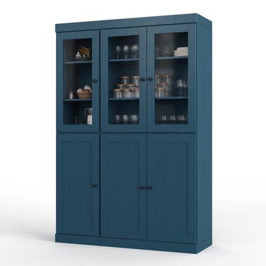 Solid Wood 48.5" Pantry Cabinet With Clear Glass And 2-Drawers In Black