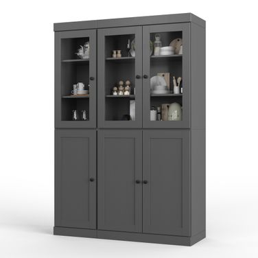 Solid Wood 48.5" Pantry Cabinet With Clear Glass And 2-Drawers In Gray