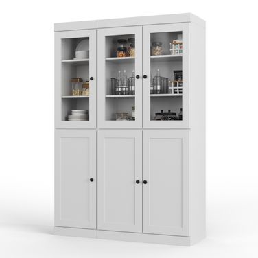 Solid Wood 48.5" Pantry Cabinet With Clear Glass And 2-Drawers In White