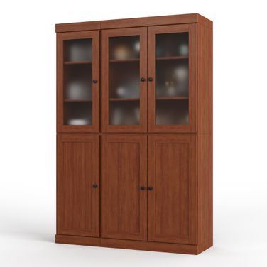 Solid Wood 48.5" Pantry Cabinet With Frosted Glass And 2-Drawers In Mocha