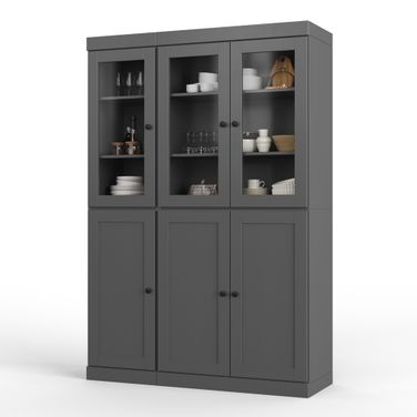 Solid Wood 48.5" Pantry China Cabinet With Clear Glass And Shaker Doors In Gray
