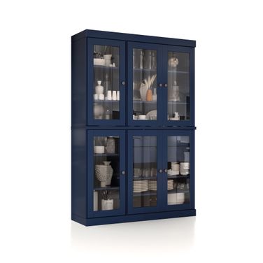 Solid Wood 48.5" Pantry China Cabinet With Clear Glass Doors And 2-Drawers In Navy Blue
