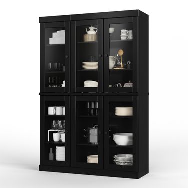 Solid Wood 48.5" Pantry China Cabinet With Clear Glass Doors And Adjustable Shelves In Black
